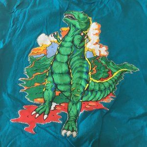 Vintage youth T shirt with large bright color dinosaur graphics on back unisex